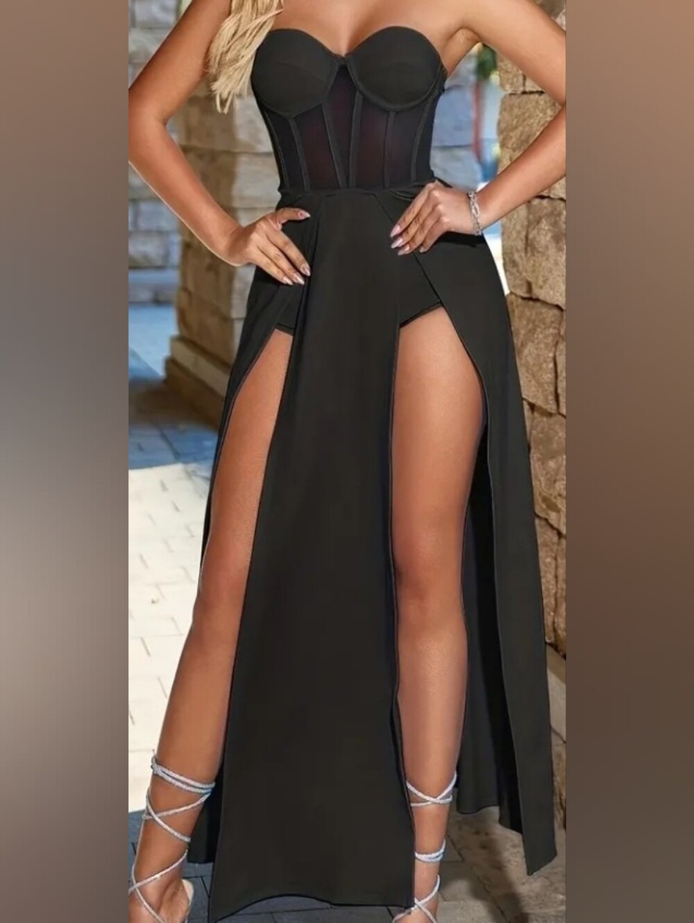 NWOT Sexy Black Strapless Bustier High-Slit Maxi Dress